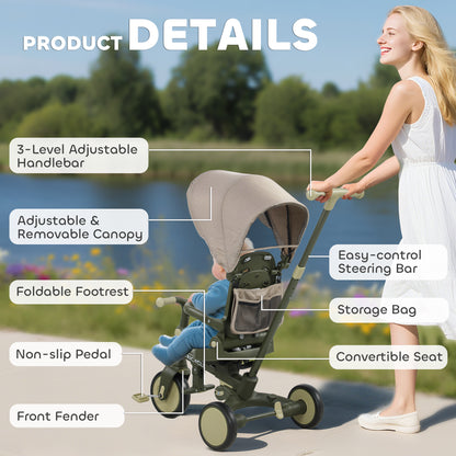 AIYAPLAY 5 in 1 Kids Trike with Adjustable Backrest, Toddler Tricycle with Push Handlebar, Adjustable Backrest
