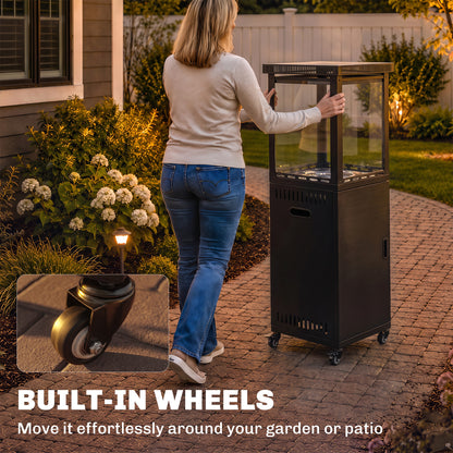 13kW Gas Patio Heater | Propane & Butane | Stepless Control | Piezo Ignition | Tempered Glass Wind Guard | 45° Tilt Shut-Off | Lava Rocks | 4 Wheels (2 Lockable) | 30m² | 46x46x137cm | Black