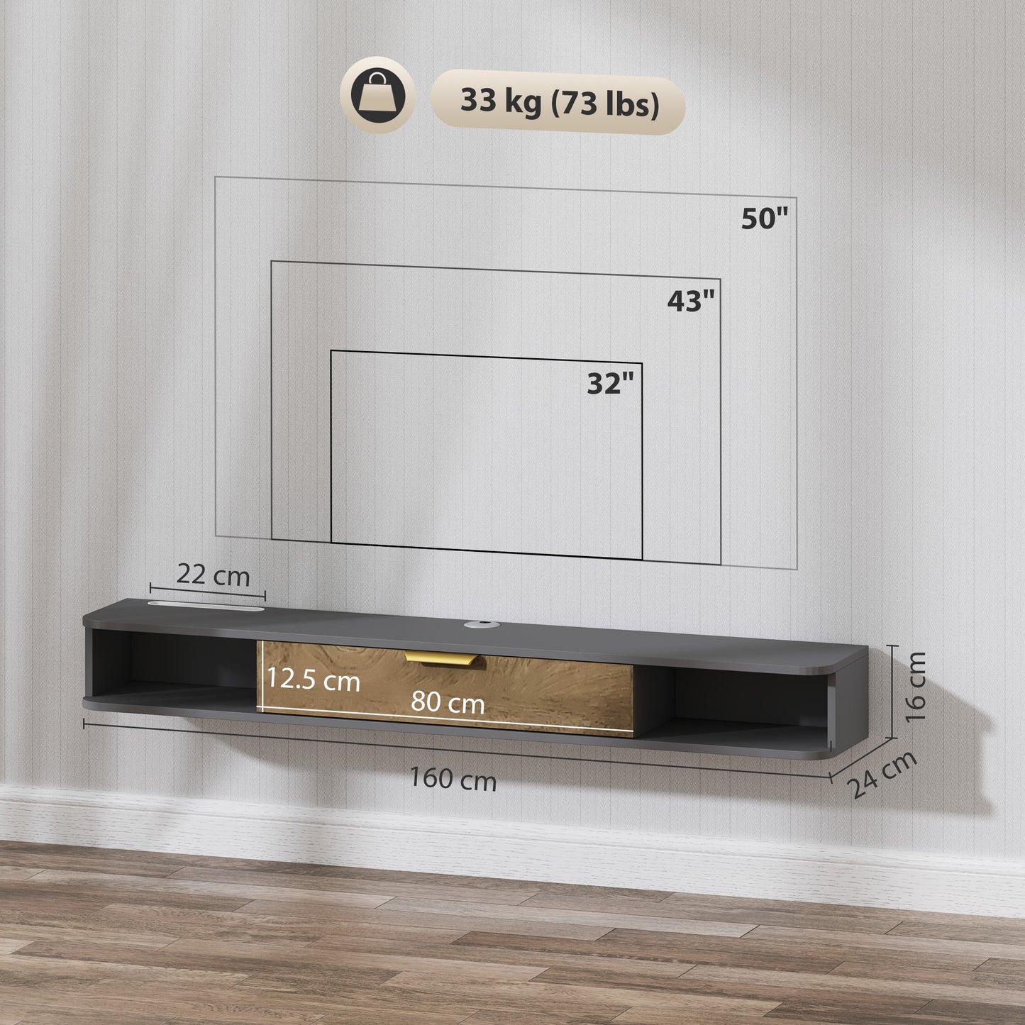 140 cm Floating TV Stand with Storage - Charcoal Grey