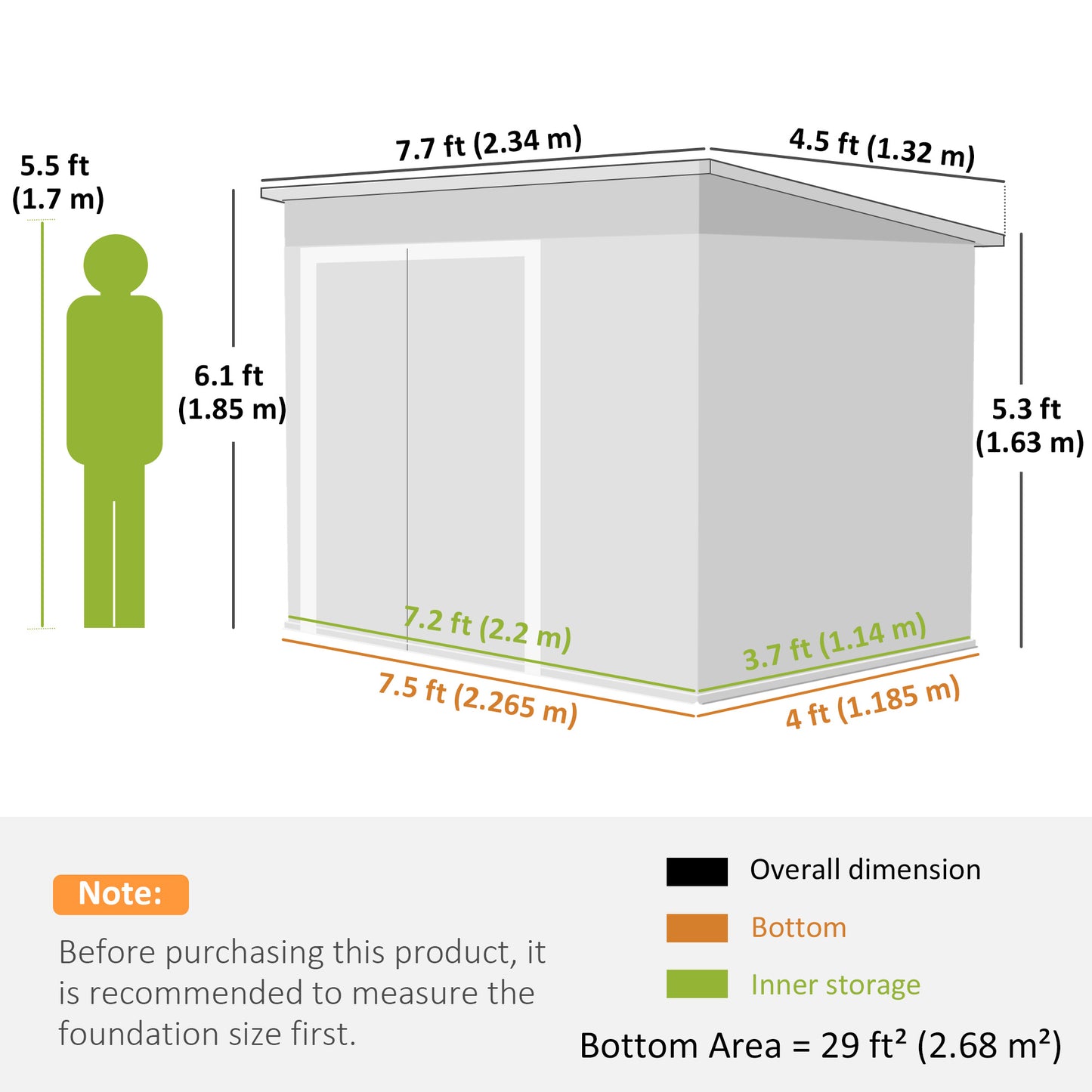 Galvanised Steel Garden Storage Shed | Triple Lockable Access | Double Front Doors & Side Door | Powder-Coated | Ventilation Slots | Sloped Roof | 25kg/m² Snow Load | 234x132x185cm | 2.68m² | Light Grey