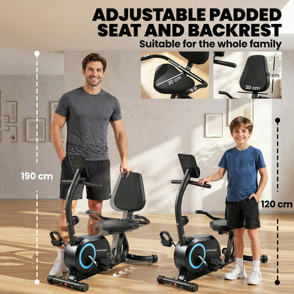 Recumbent Exercise Bike | Bluetooth | Kinomap & Zwift | 8-Level Magnetic Resistance | Padded Seat & Backrest | 120kg | Blue