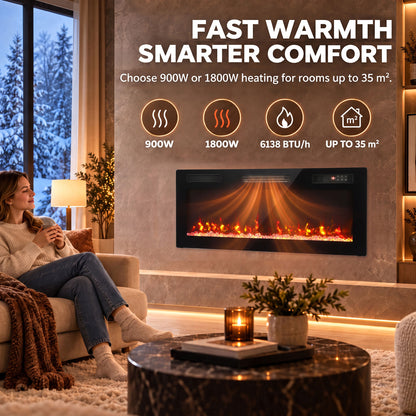 102cm Slim Electric Fireplace | 8.3cm Profile, Crystal Effect & 12 Flame Colours | 900/1800W, Remote, ECO & 7-Day Programme | Black