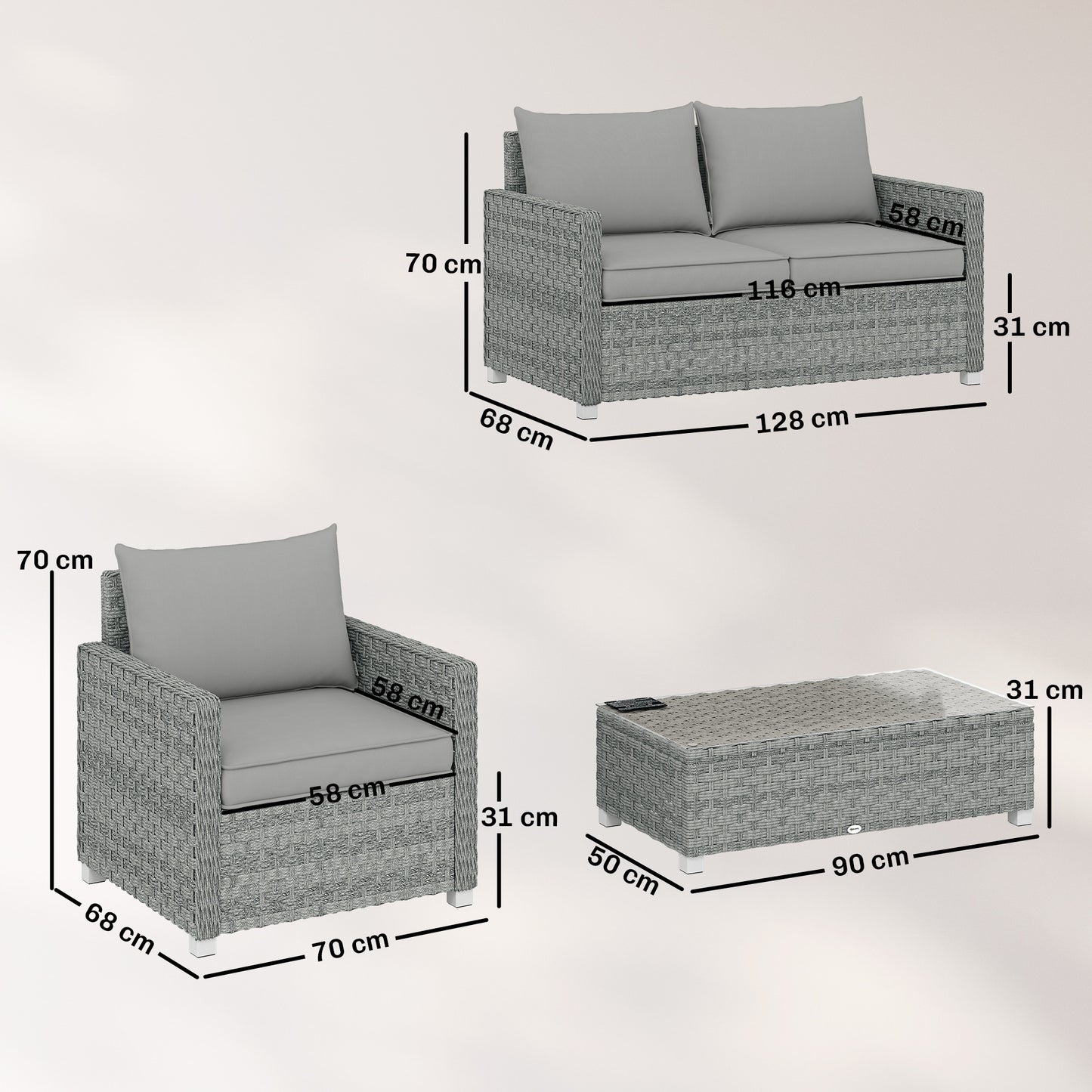 4-Piece Rattan Garden Furniture Set | Loveseat | 2 Armchairs | Tempered Glass Table | 15cm Back Cushions | Washable Covers | 120kg | Grey