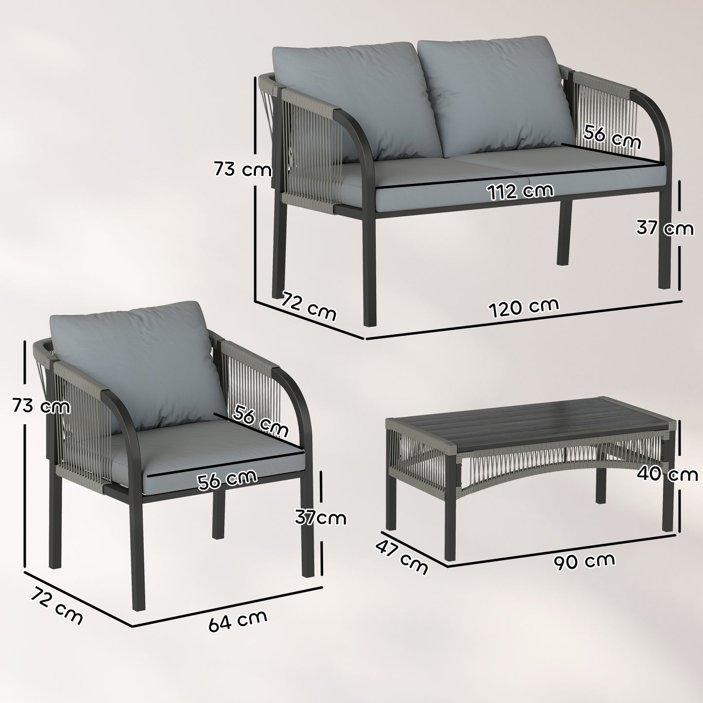 4 Piece Rattan Garden Furniture Set | Loveseat | 2 Armchairs | Wood-Effect WPC Coffee Table | Round PE Wicker | Powder-Coated Steel | Washable Cushions | 120kg | Grey