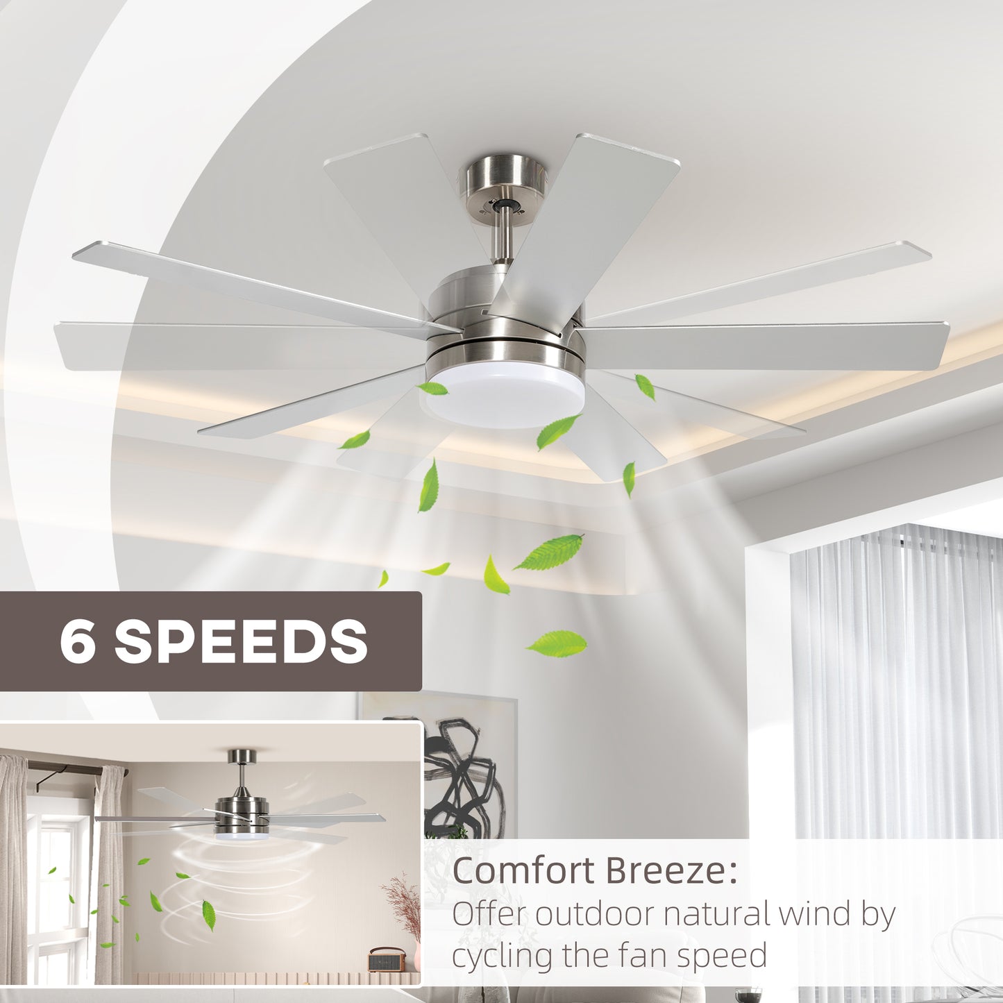 Ceiling Fan With Light, 132cm Flush Mount LED  With 5 Reversible Blades, Remote Control For Bedroom Living Room, Silver and Beech Wood-effect
