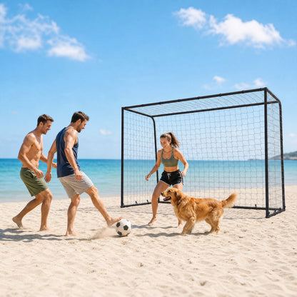 10 x 6.5ft Football Goal | 300x152x200cm | 32mm Painted Metal Frame | Polyester Net 300x280cm | 10x10cm Mesh | 36 Bungee Cords | 4 U-Stakes | Outdoor Garden | Age 5+ | Black
