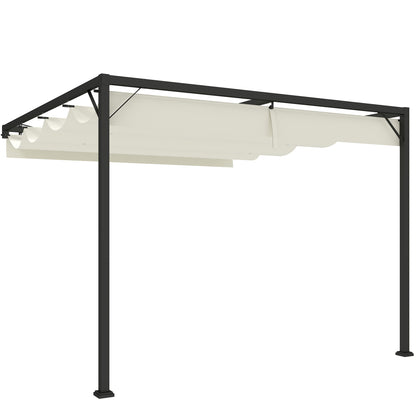 Outsunny 3 x 3(m) Outdoor Wall Mounted Pergola with Retractable Canopy -Cream White