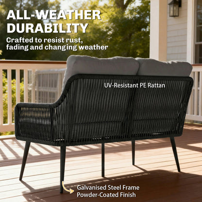4 Piece Rattan Garden Furniture Set | Loveseat | 2 Chairs | Coffee Table | Tempered Glass | All-Weather PE Rattan | Galvanised Steel | Water-Repellent Cushions | 240kg | Black