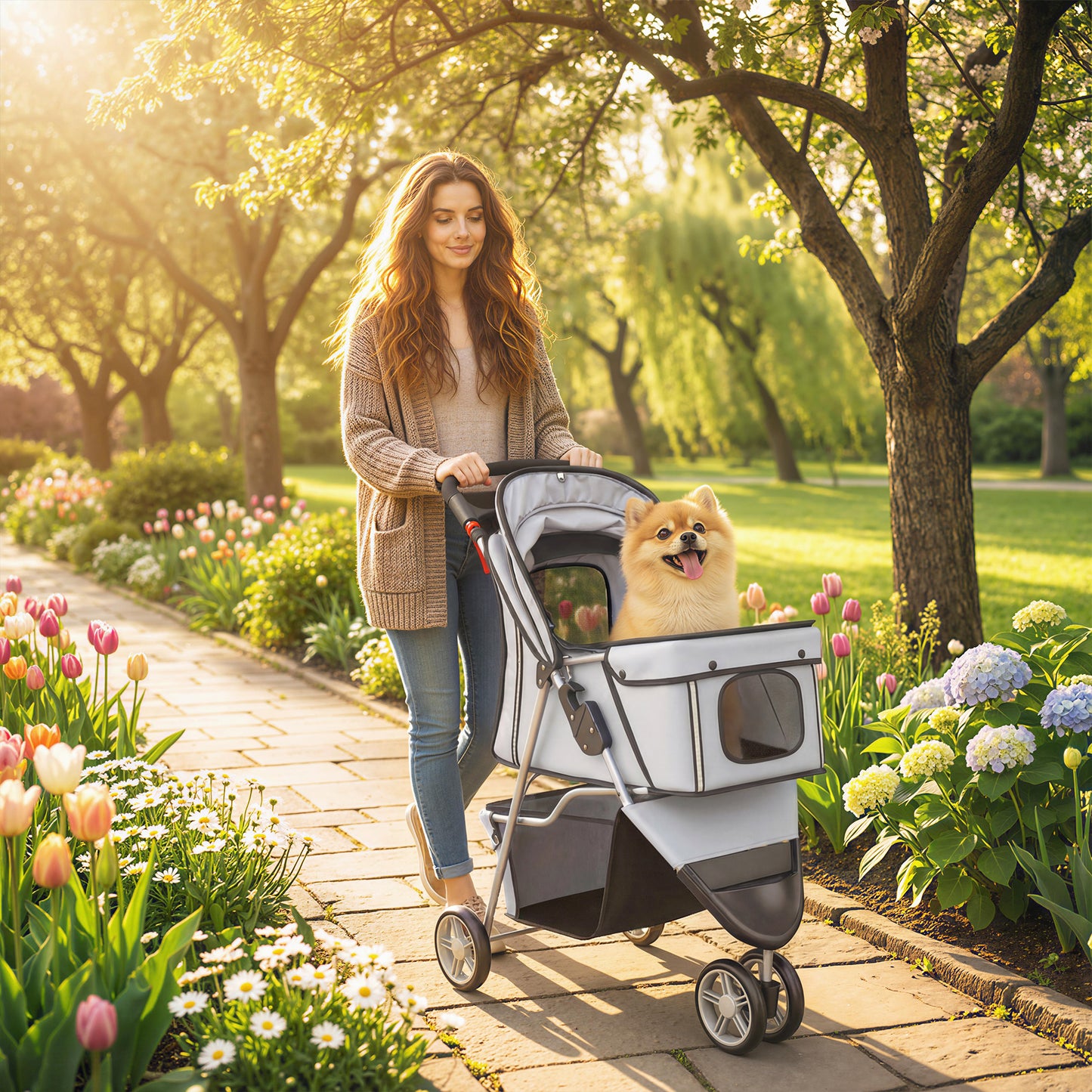 3-Wheel Foldable Dog Stroller / Pet Pushchair | Mesh Canopy | Cup Holder | Reflective Strips | 10kg | Grey