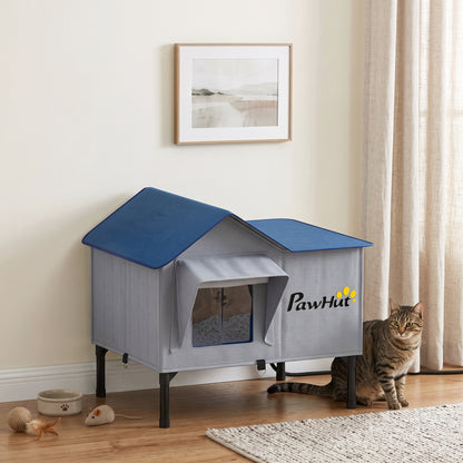 Heated Outdoor Cat House with 34W 230V Heating Pad | 5-Layer Insulation | PU Waterproof Shell | 5cm Elevated Base | Lock-Free Escape Door | 51x41x55cm | Up to 2 Cats | Light Grey