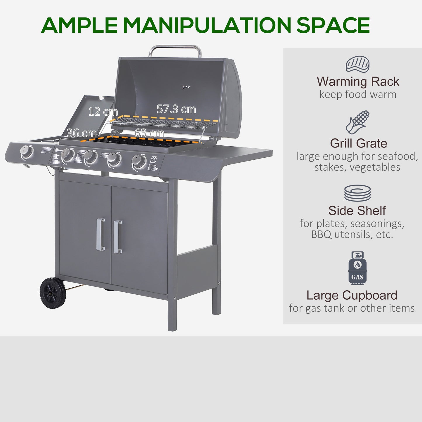 4+1 Burner Gas BBQ Grill, Outdoor Barbecue Trolley with Wheels, Warming Rack, Side Shelves, Cabinet, Thermometer for Garden, Party, Camping