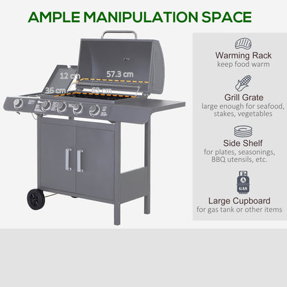 4+1 Burner Gas BBQ Grill, Outdoor Barbecue Trolley with Wheels, Warming Rack, Side Shelves, Cabinet, Thermometer for Garden, Party, Camping