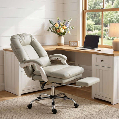 Ergonomic Executive Reclining Office Chair | 155° Recline | Retractable Footrest | Lumbar Pillow & Headrest | 16.5cm Seat Cushion | EN1335 & BS5852 Certified | 120kg Capacity | Khaki