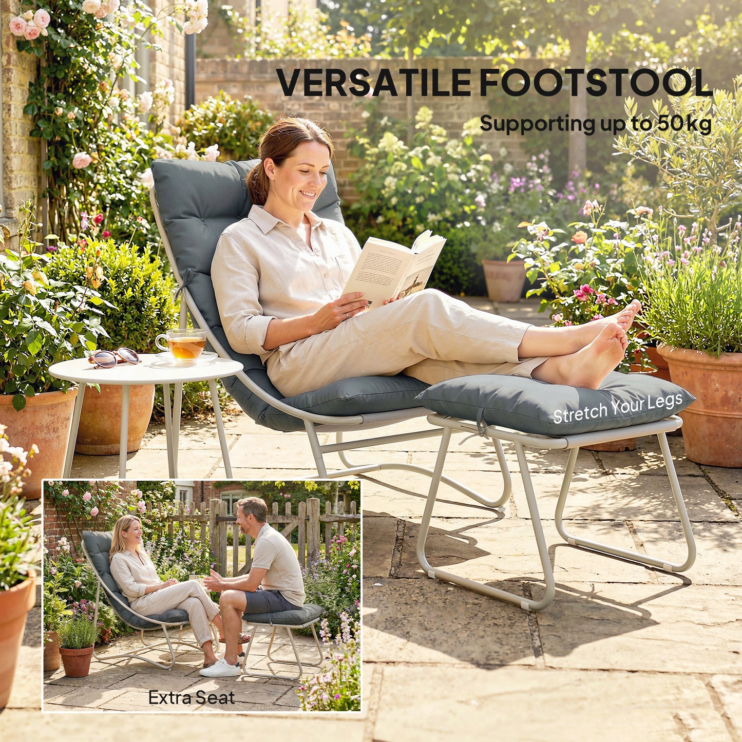 3 Piece Garden Bistro Set | Chair, Footstool & Table | Teslin Mesh Seat | Removable Cushions | Steel Frame | All Season | Dark Grey
