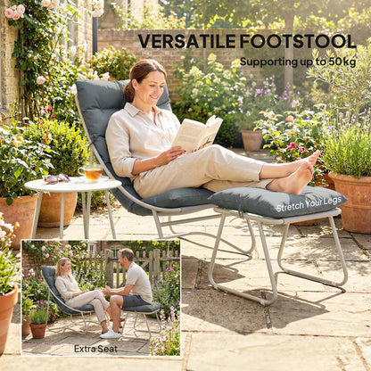 3 Piece Garden Bistro Set | Chair, Footstool & Table | Teslin Mesh Seat | Removable Cushions | Steel Frame | All Season | Dark Grey