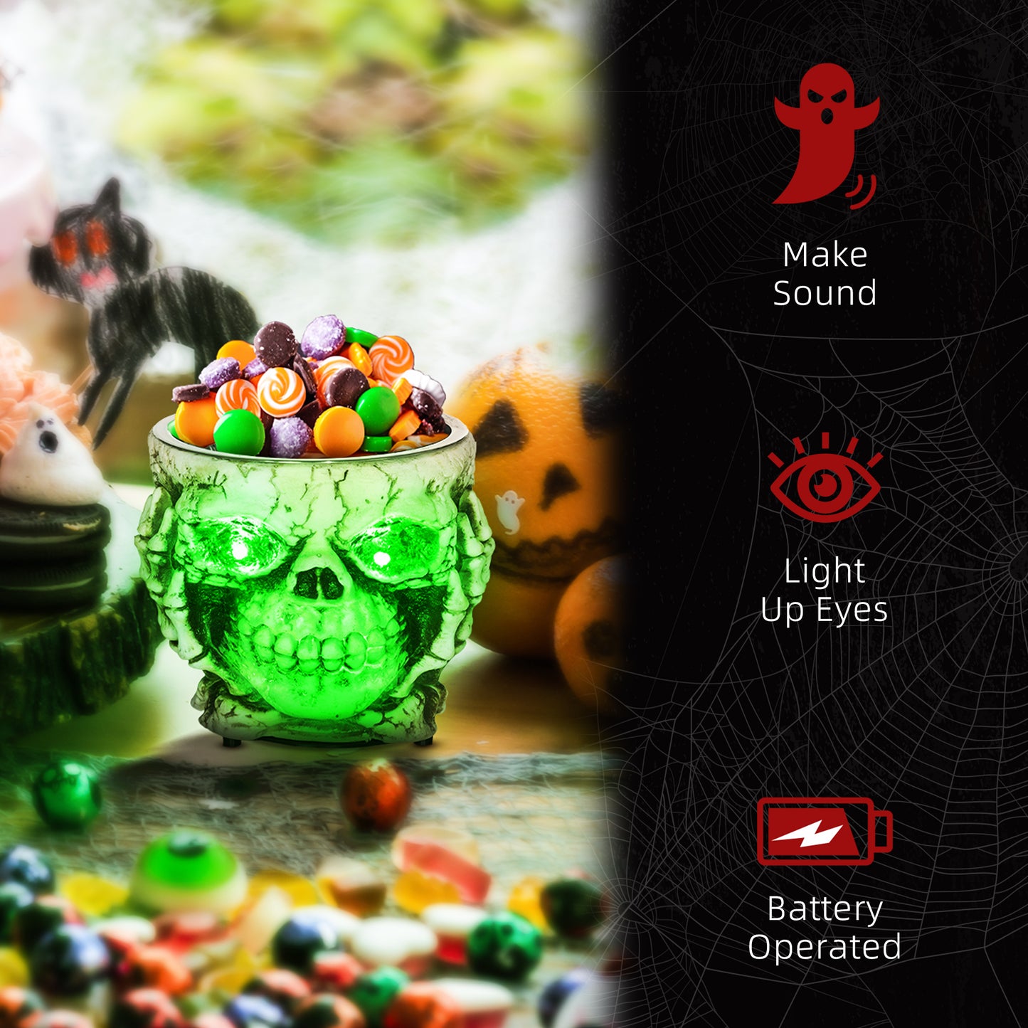 14cm 5.5" Skeleton Candy Toffee Sweets Bowl Outdoor Halloween Decoration, Halloween Prop with Sound Activated, Light Up Eyes, Sound Effects for Haunted House