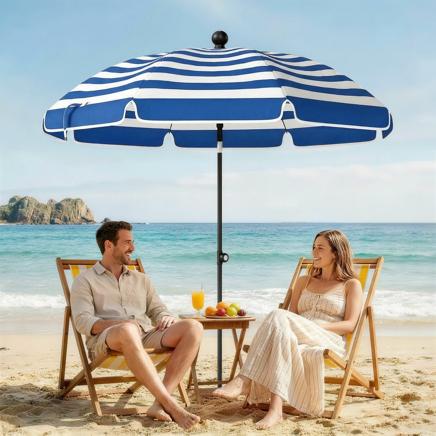 Beach Umbrella Parasol | 1.8m | 30° Tilt | UPF30+ | 130-210cm Adjustable | Sand Anchor | Carry Bag | Blue & White