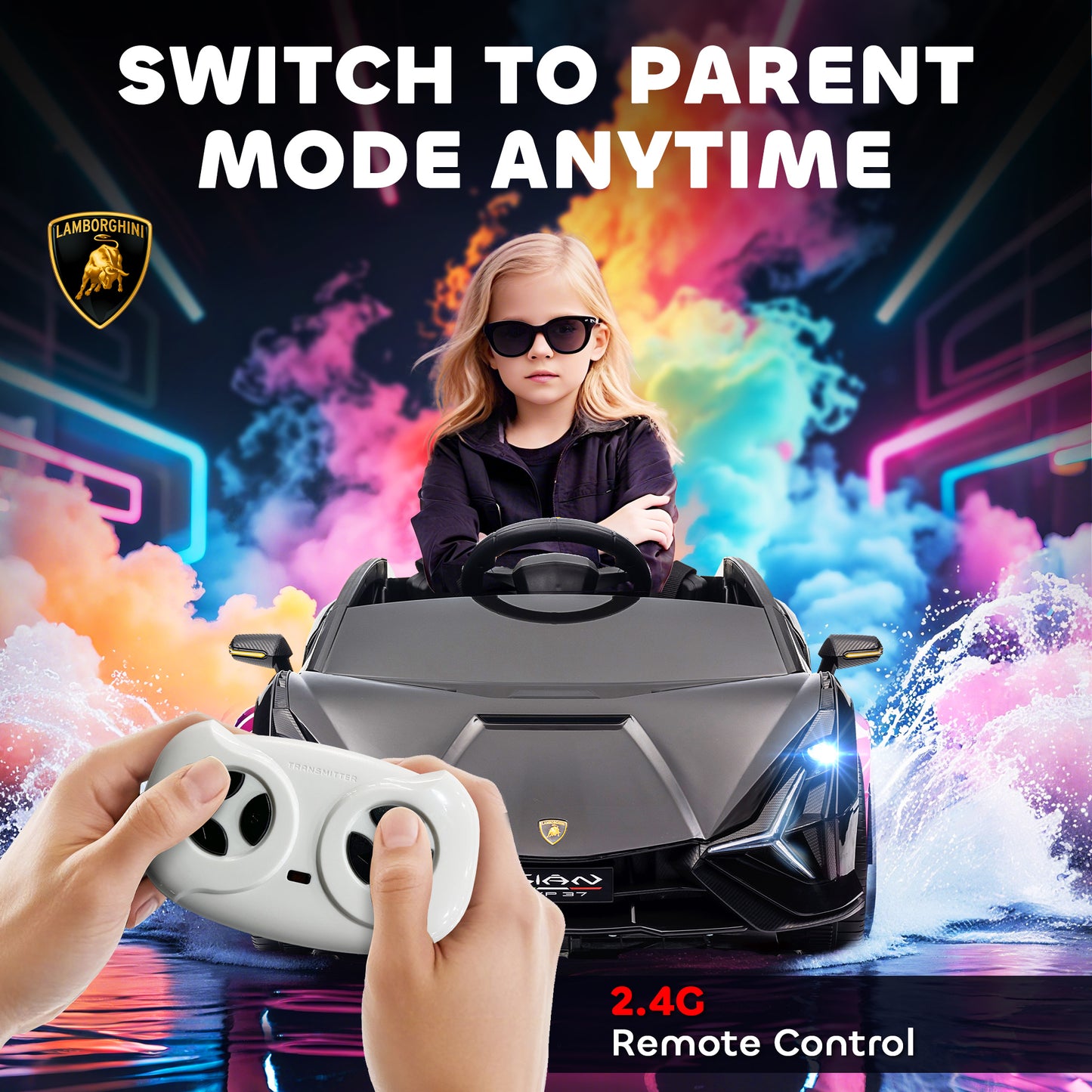 Lamborghini Sian Licensed 12V Kids Electric Ride On Car | Dual Motors | Remote Control | Lights & Music | Seatbelt | Black