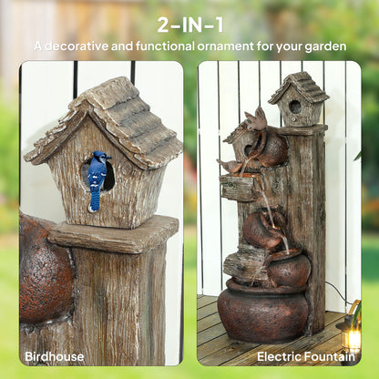2-in-1 Waterfall Fountain with Birdhouse, Resin Garden Water Fountain with LED Lights Pump, Cascading Garden Water Feature with Tree Trunk Design