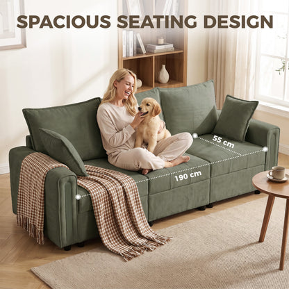 3-Seater Velvet Sofa with Lift-Up Storage | 228Wx68Dx88H cm | 190cm Wide Seat | 15cm Seat Cushion | 20cm Back Cushion | 15cm Arms | Multilayer Board & Metal Frame | 360kg | Living Room | Dark Green