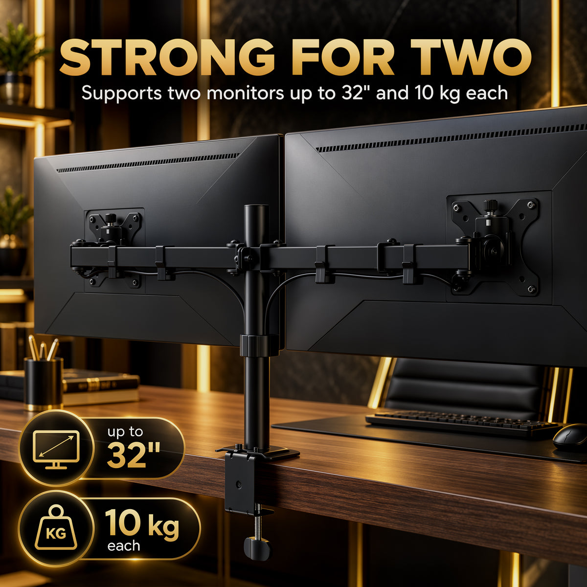 Dual Monitor Stand | 2 Screens up to 32 Inch | Height Adjustable, Tilt, Swivel & 360° Rotation | 20kg Capacity | Black Steel