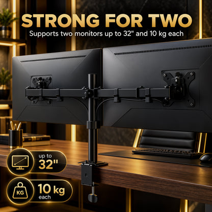 Dual Monitor Stand | 2 Screens up to 32 Inch | Height Adjustable, Tilt, Swivel & 360° Rotation | 20kg Capacity | Black Steel