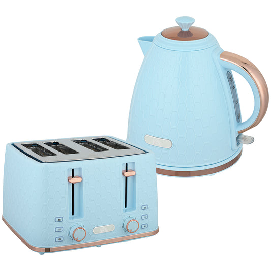 Kettle and Toaster Set, 1.7L 3000W Fast Boil Jug Kettle, 4 Slice Toaster with 7 Level Browning Controls, Light Blue / Pink