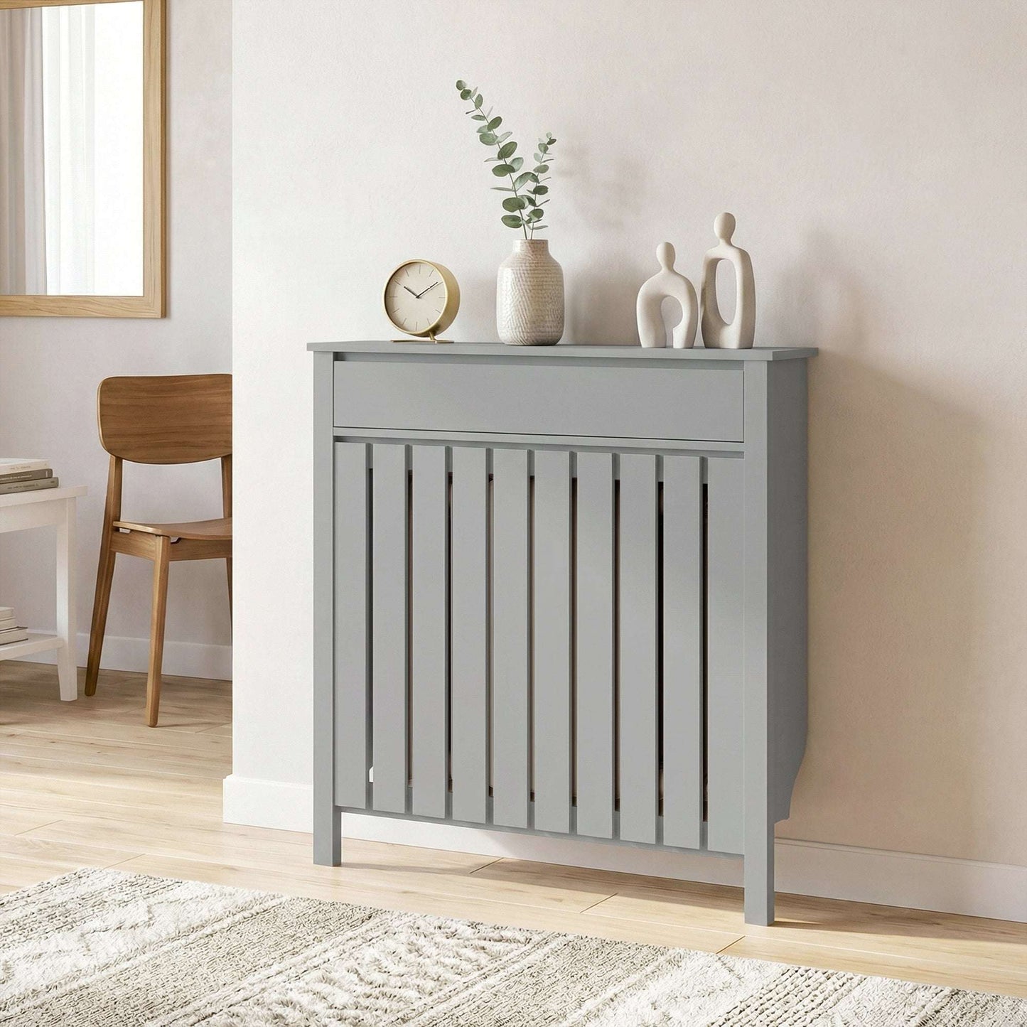 MDF & Particle Board Radiator Cover with 1 Drawer | Vertical Slats | Flat Top Display Surface | Wall Mountable | Pre-Cut Outs | 14kg Capacity | 88.5x19x93cm | Grey