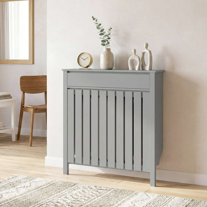 MDF & Particle Board Radiator Cover with 1 Drawer | Vertical Slats | Flat Top Display Surface | Wall Mountable | Pre-Cut Outs | 14kg Capacity | 88.5x19x93cm | Grey
