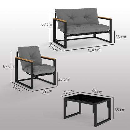 4-Piece Garden & Conservatory Furniture Set | Loveseat | 2 Armchairs | Glass Coffee Table | 15cm Cushions | Wood-Grain Armrests | 240kg | Light Grey