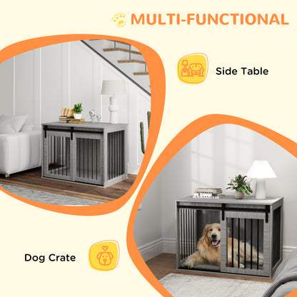 Dog Crate Furniture Side Table | Barn Door | Removable Washable Cushion | 3-Sided Ventilation | Large Dogs up to 30kg | 100 x 60 x 61cm | Grey
