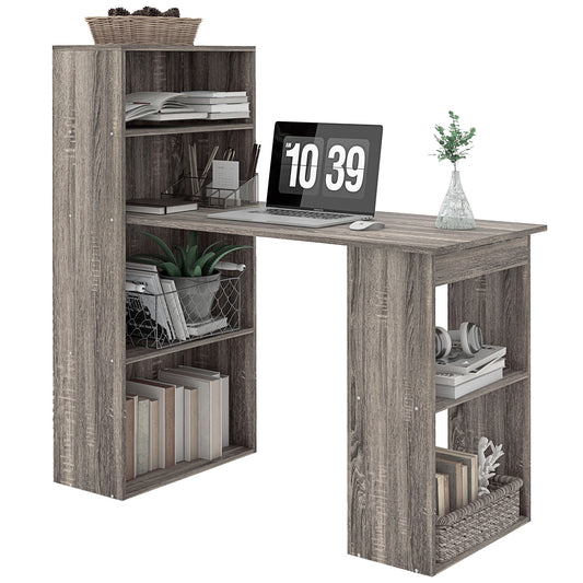 120cm Modern Computer Desk Bookshelf Study Table Workstation PC Laptop Writing Home Office 6 Shelves, Grey Wood-Effect
