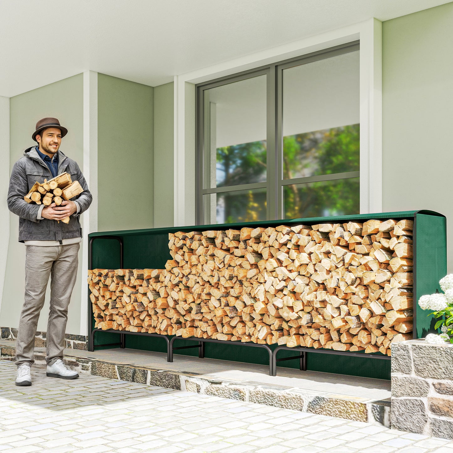 Firewood Rack with Waterproof Cover, Heavy Duty Metal Log Store Indoors, Log Storage Holder for Outdoor Indoor Fireplace, 300 x 36 x 99 cm, Dark Green
