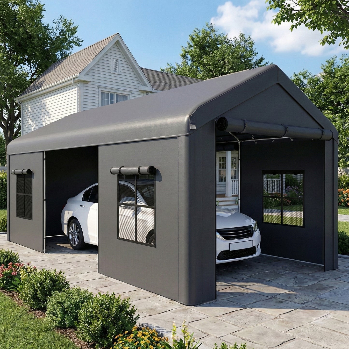 3x6m Heavy Duty Carport | Portable Garage | UPF30+ PE Cover | Galvanised Frame | Zipped Doors | Mesh Windows | Wind Level 5-6 | Dark Grey