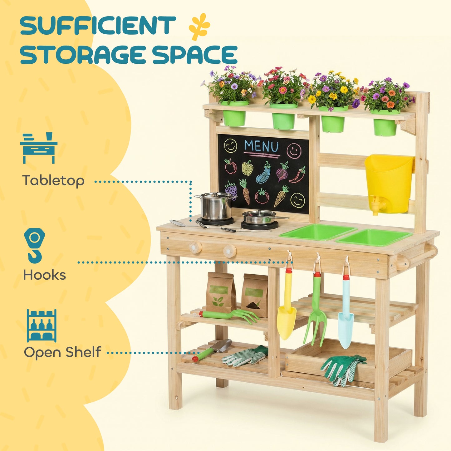 AIYAPLAY Kids Mud Kitchen, Outdoor Wooden Play Kitchen with Kitchenware & Garden Tools, Pretend Play Outdoor Toys, Natural