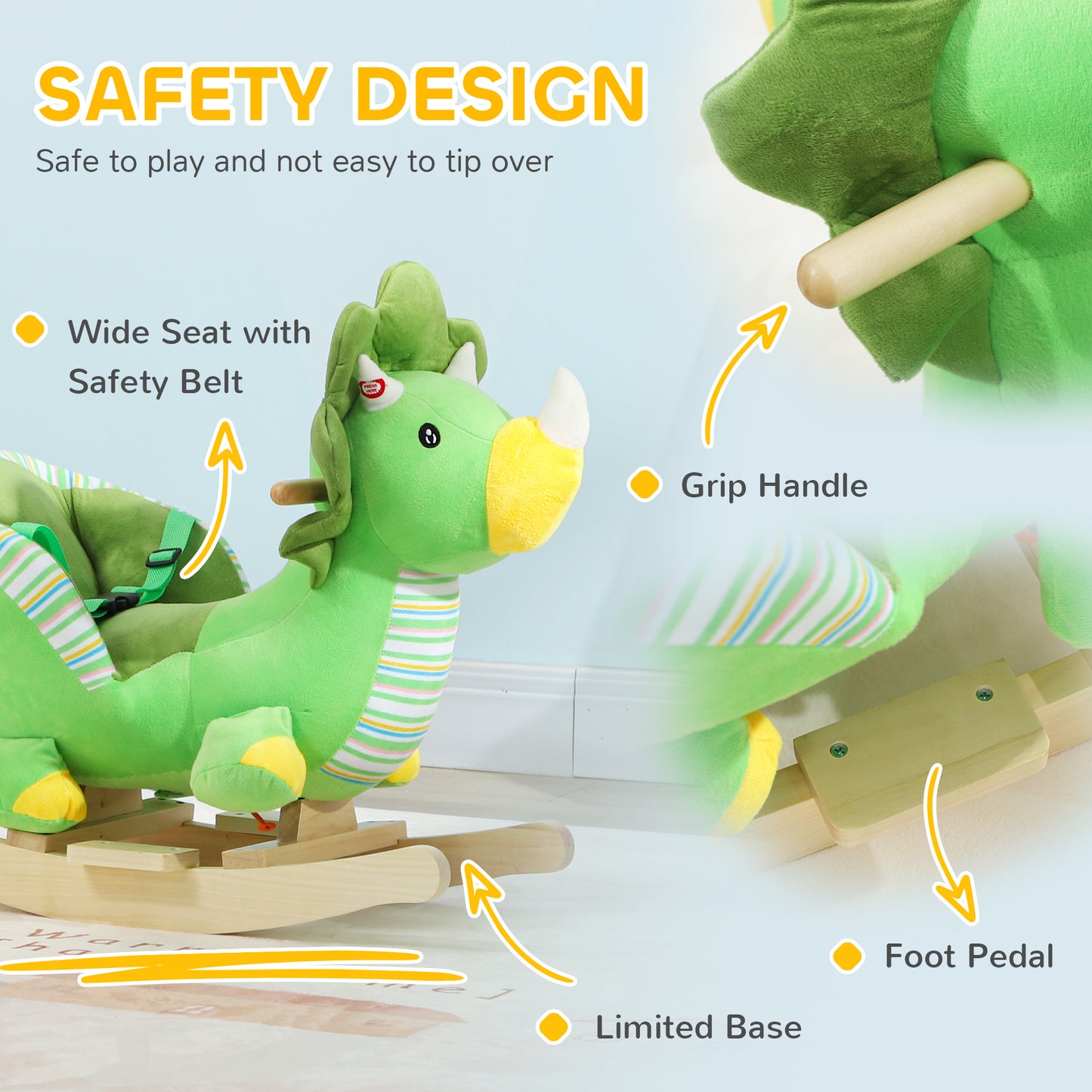 AIYAPLAY Dinosaur Design Rocking Horse with Animal Sound, Safety Belt, Wooden Base, for Toddlers 18-36 Months