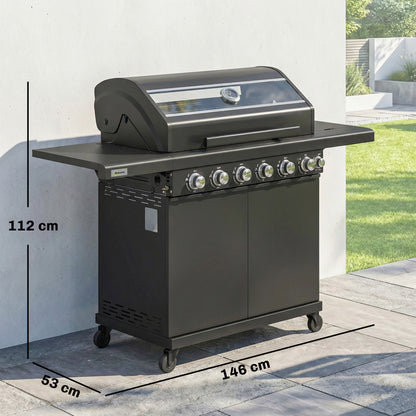 6+1 Burner Gas BBQ Grill | 3200cm² | 8-12 People | Side Burner | Warming Rack | Thermometer & Glass Window | Cabinet | Wheels | LPG | 146cm | Black