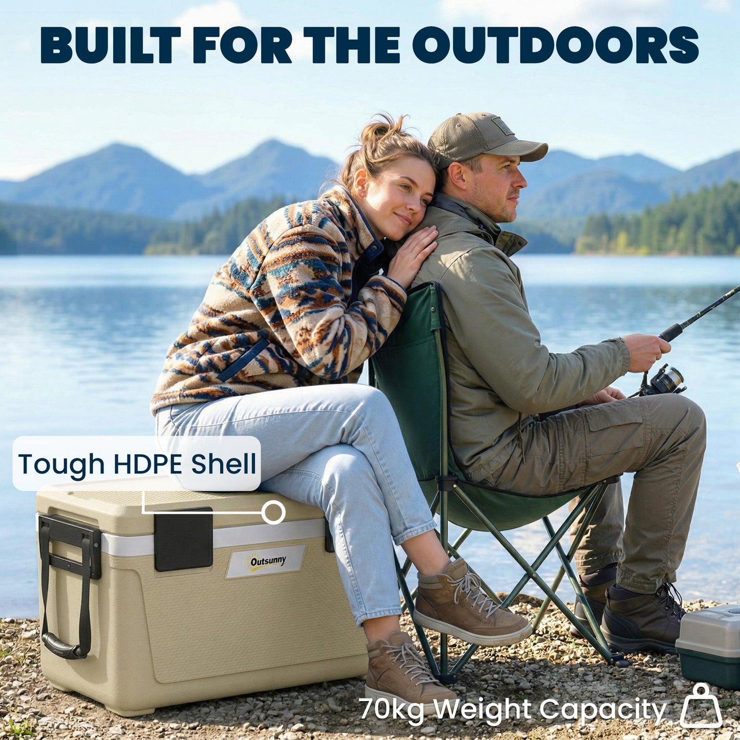 42.6L Insulated Cool Box | 72-Hour Retention | HDPE Shell | PU Foam | Drain Valve | 70kg | Camping & Fishing | Khaki