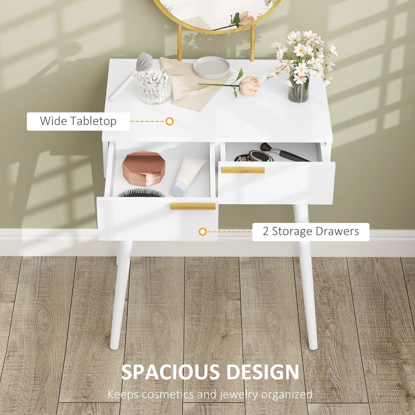 Dressing Table with Round Mirror - White