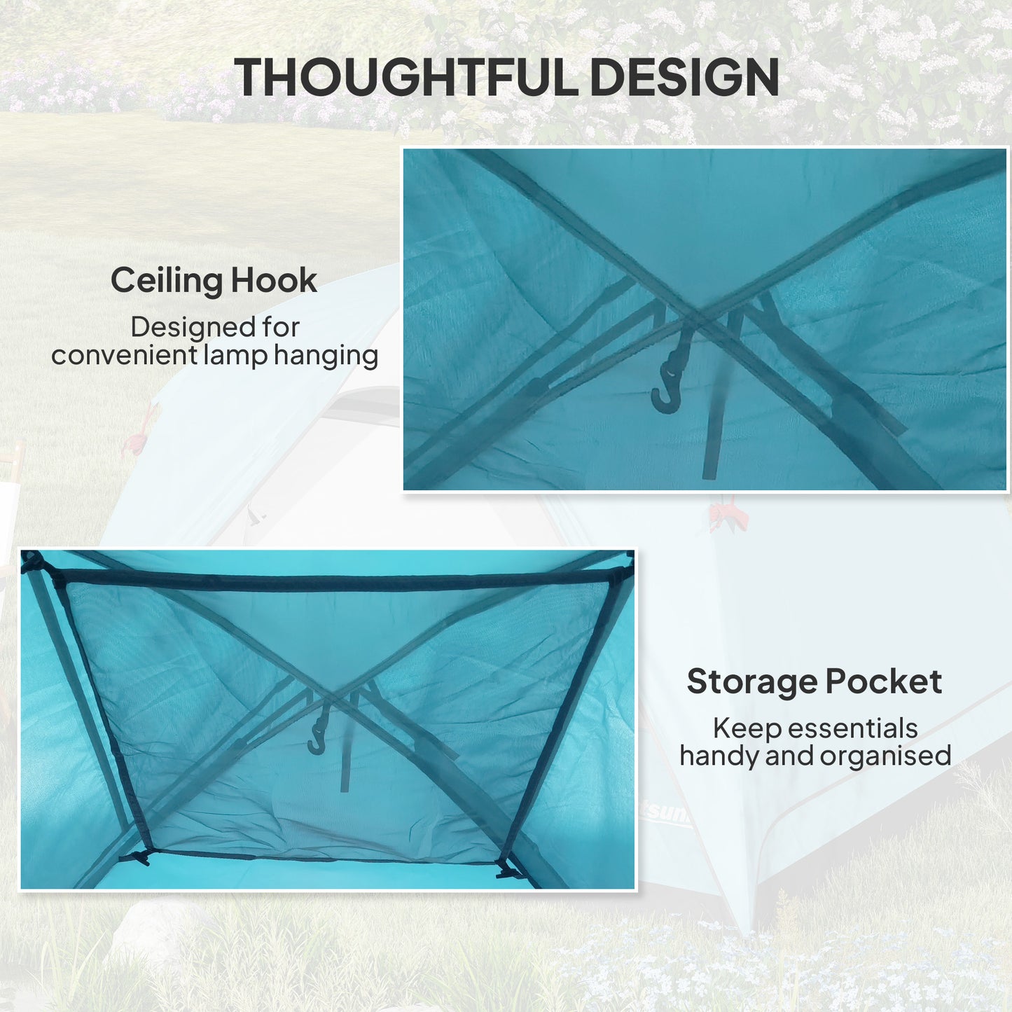 3-4 Person Camping Tent, Easy Set Up Waterproof Dome Tent with Sewn-in Groundsheet, Mesh Windows, Pocket and Hook for Camping, Light Blue