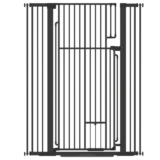 135cm Extra Tall Dog Gate with Cat Door | Pressure Mounted | Fits 81–108cm | No Drilling | Lift-Lock | Steel | Black