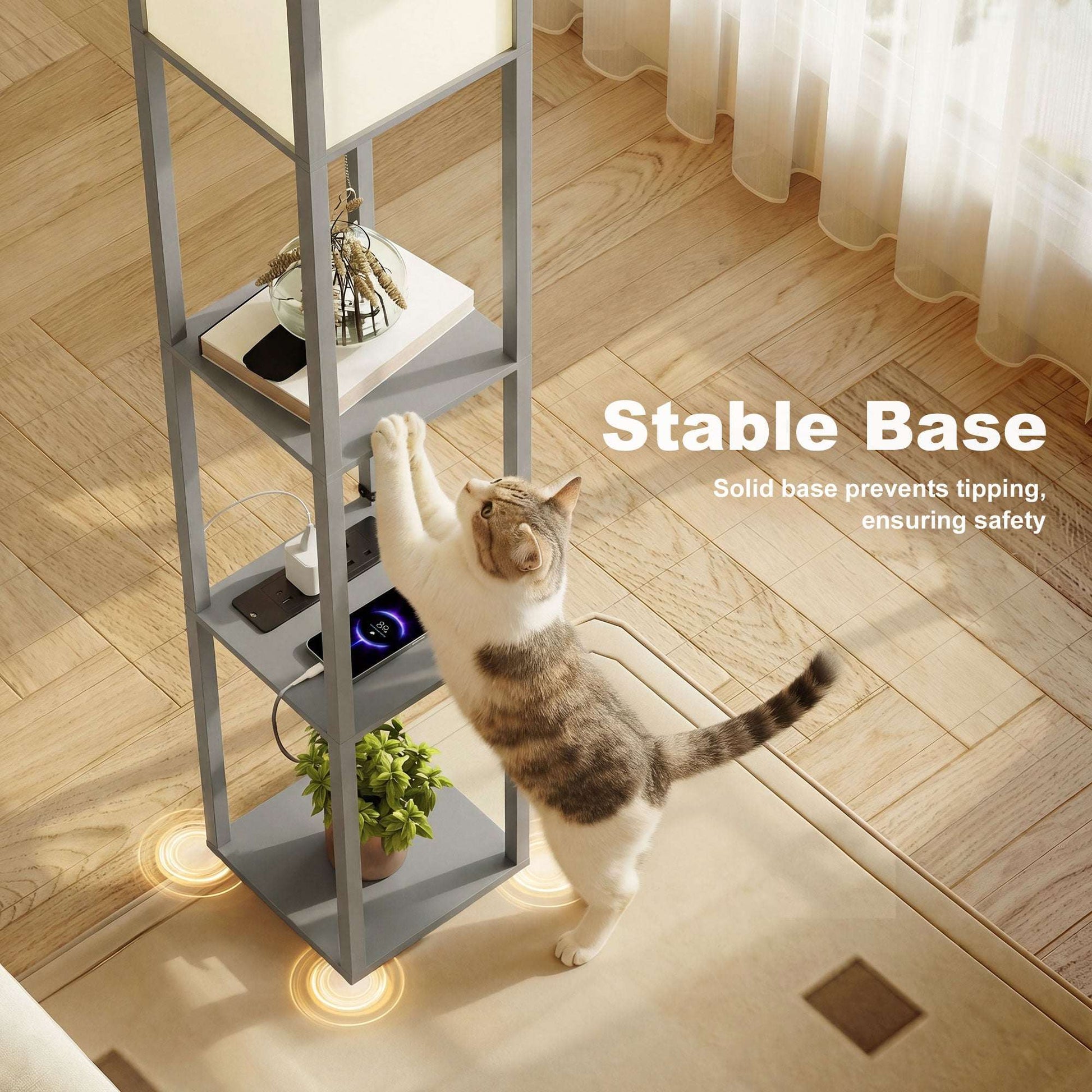 Floor Lamp with 3 Shelves | Column Design | MDF | E27 LED Included | Foot Switch | 160cm | 2.5kg per Tier | Grey