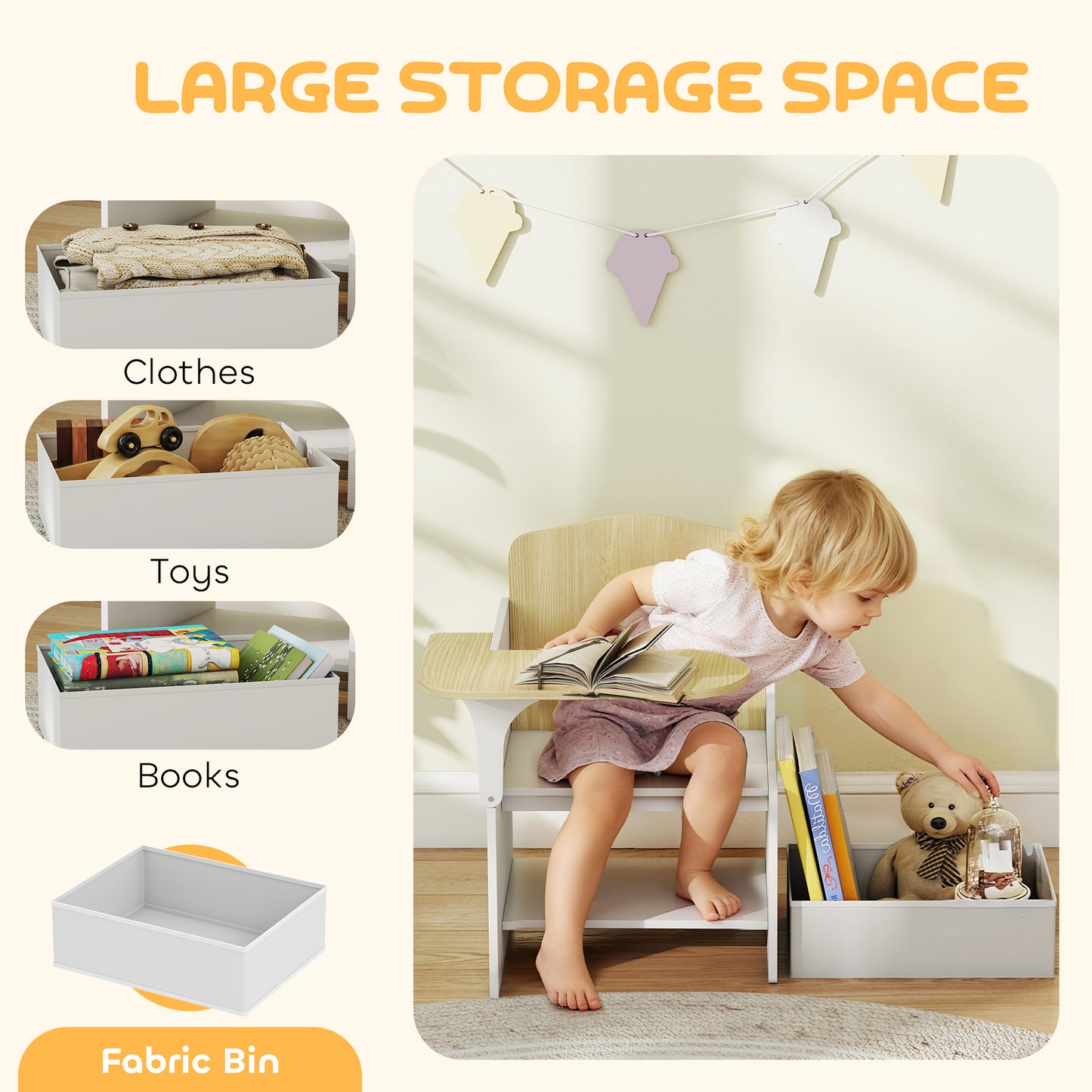 AIYAPLAY Kids Table and Chair Set, Children Desk and Chair with Storage Bins for Playing, Reading, Painting, for Ages 3-5, White