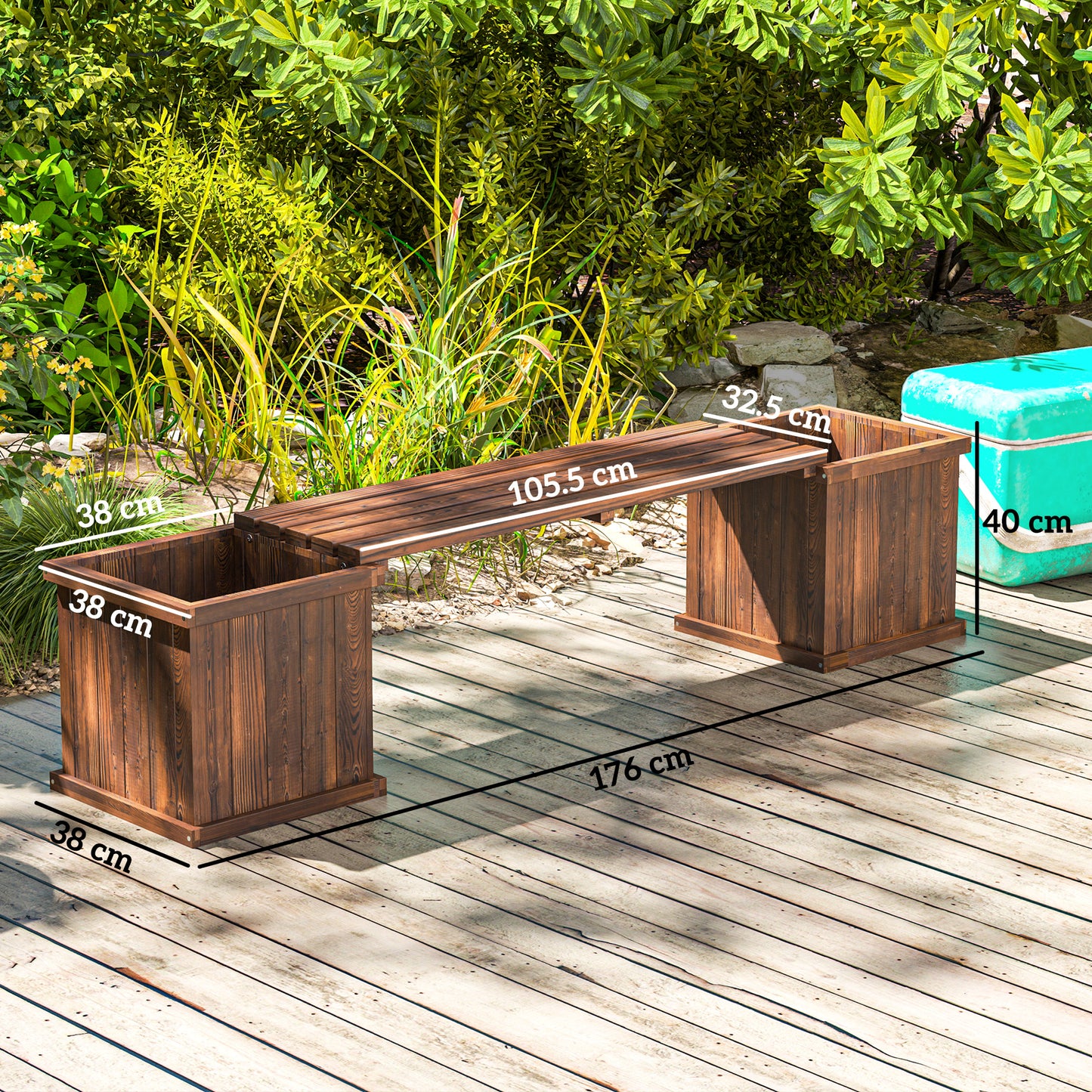 2-in-1 Wooden Garden Planter & Bench | Raised Beds Both Ends | Drainage Holes | Non-Woven Lining | 110kg Bench | 25kg Planters | Water-Based Varnish | 176x38x40cm | Carbonised Finish