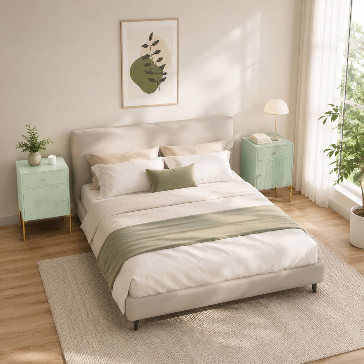 Set of 2 Modern End Tables | Light Green | Particleboard Metal Legs | 40x35x60cm Each | Drawer Cabinet & Shelf | 40kg | Melamine Surface | Metal Slide Runners | Living Room Bedroom