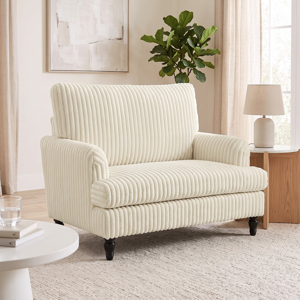 Corduroy Accent Armchair | Stripe Design | Turned Rubberwood Legs | 12cm Seat Cushion | 24cm Back Cushion | Adjustable Non-Slip Feet | 120kg | 115x82x82cm | Cream / Black