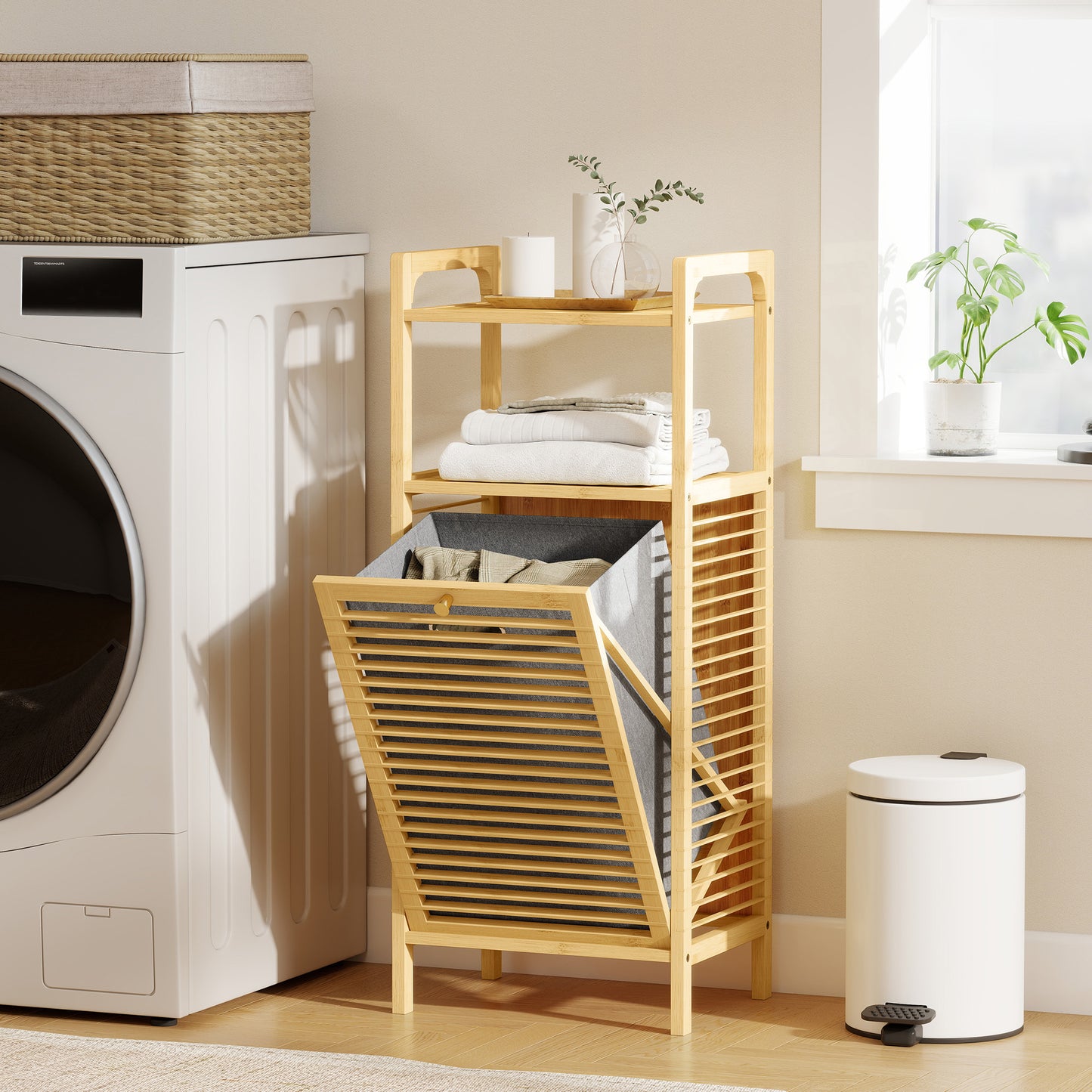 Bamboo Laundry Cabinet with Slatted Door, Bathroom Cabinet with Tilt-Out Hamper and Removable Liner Bag, 40 x 30D x 95 cm, Natural Wood Finish