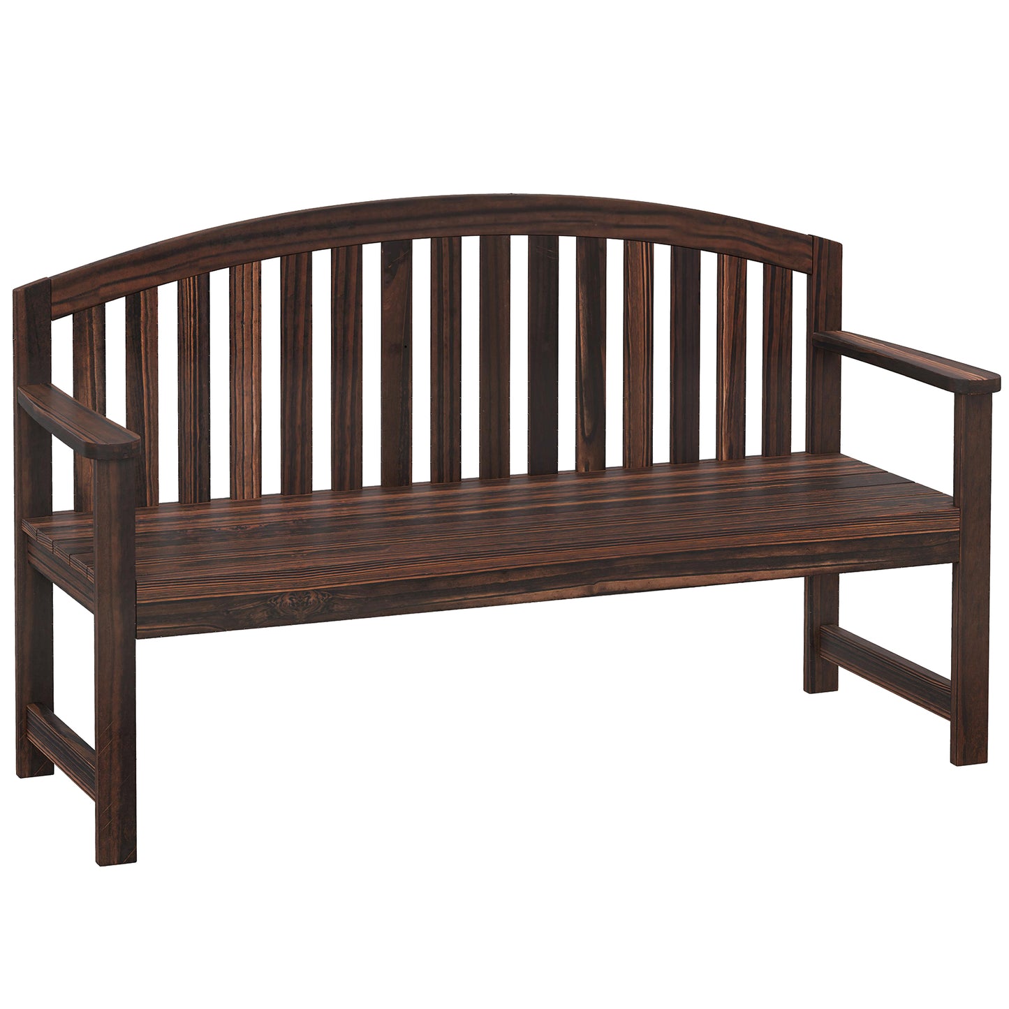 2-Seater Fir Wood Garden Bench | Curved Back | Smooth Armrests | Slatted Seat & Back | Protective Varnish | 240kg Capacity | 143x51x85cm | Carbonised Finish