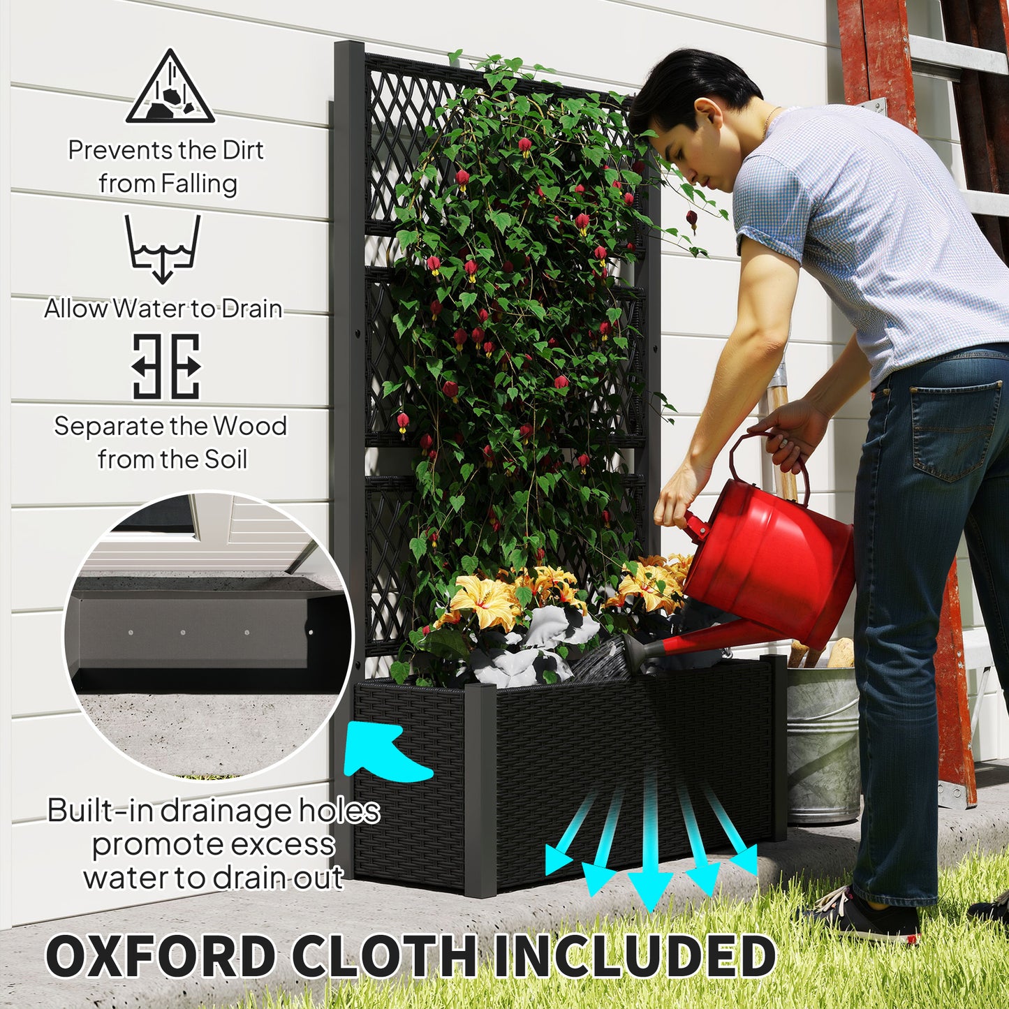 Outsunny Garden Planter Box with Trellis, Liner for Climbing Plants, Vegetables, Flowers, 90 x 35 x 148 cm, Charcoal Grey / Mixed Grey