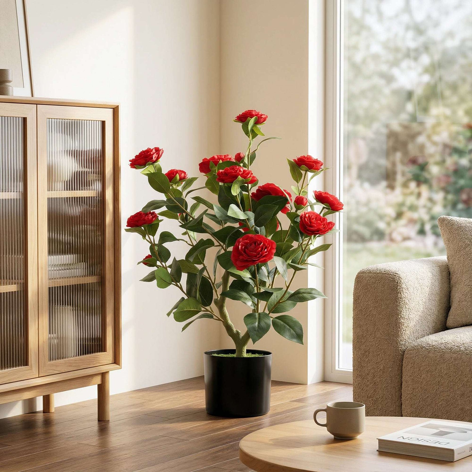 Artificial Camellia Flower Plant | 65cm | 116 PEVA Leaves | Red Silk Blossoms | Moss Effect | Cement Pot | Shapeable | No Maintenance